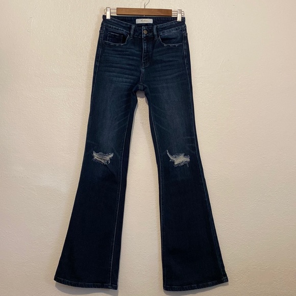 NWOT KanCan Dark Wash Highwaisted Bootcut Denim Jeans with Distressed Knees - Picture 2 of 6